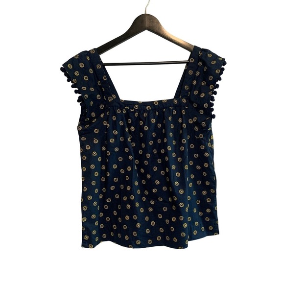 J. Crew Factory Tops - J.Crew Women Cotton Navy Blue Daisy Floral Pom Pom Trim Square Neck Top 4